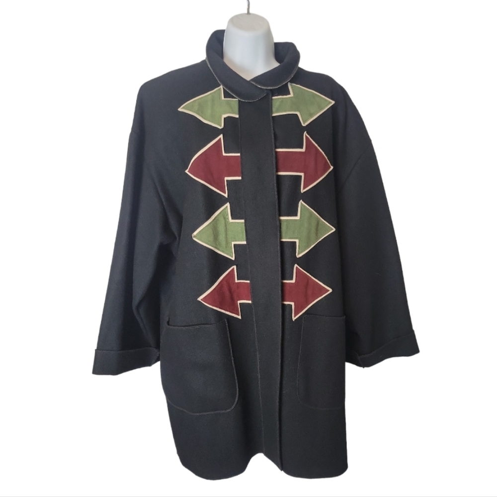 Osgood Smuk Jacket Black Wool with Suede Arrows Art 80's Vintage Oversized M/L